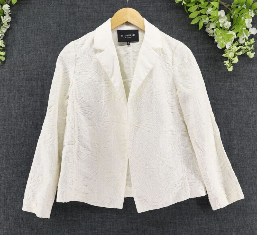 Lafayette S Cotton Silk Blend Open Front Textured Blazer Cream Minimalist Luxury